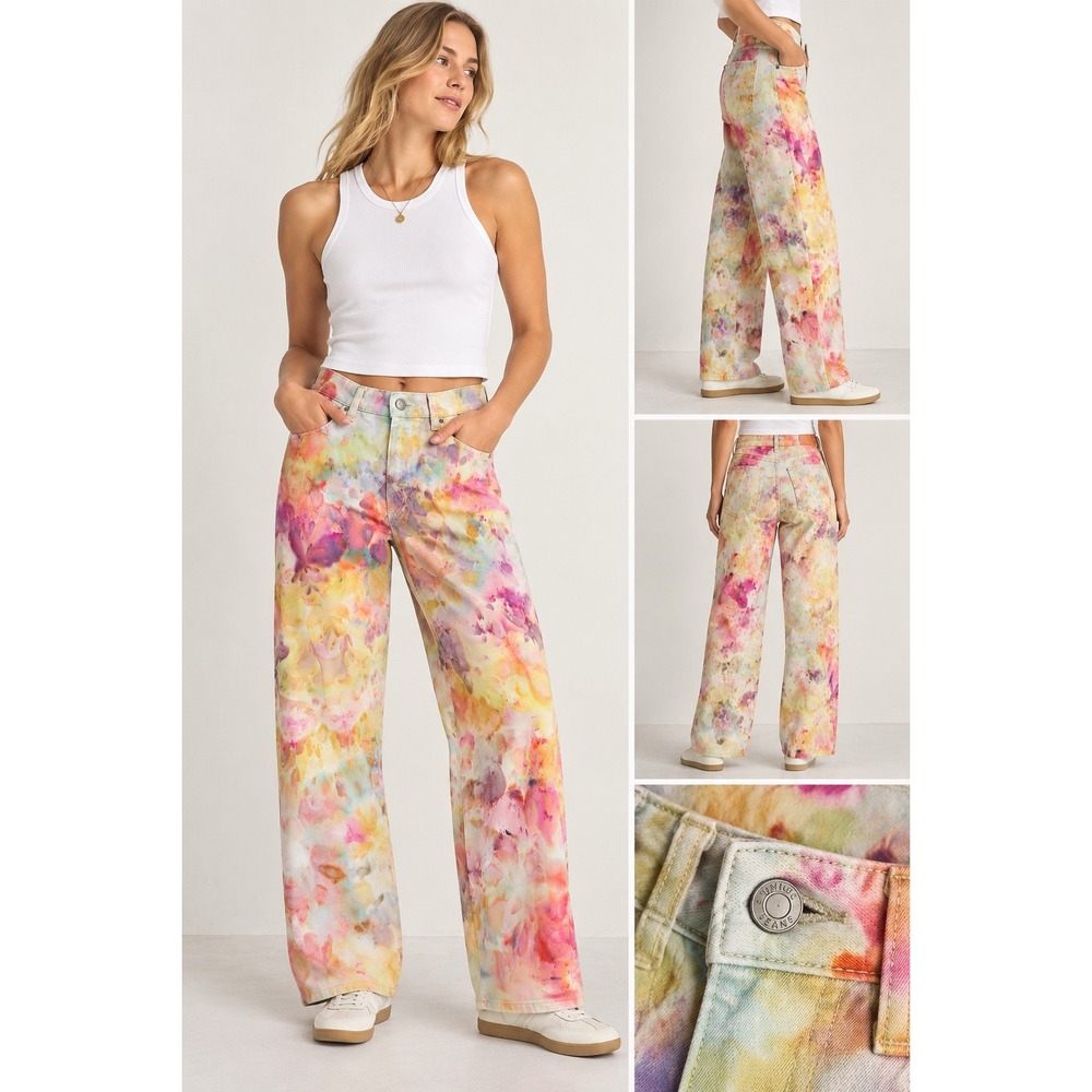 Uniqlo Watercolor Floral Wide Leg High Rise Jeans Pink Yellow 25